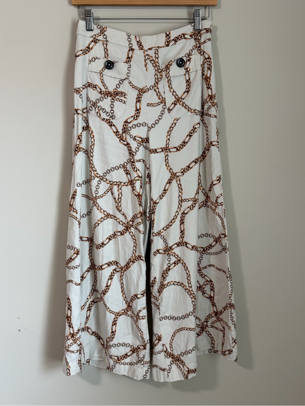Anthropologie Maeve Wide Leg Linen Pants Cropped Chain Print Old Money Size 2